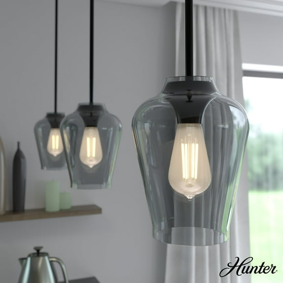 Hunter - Vidria 1-light Matte Black, Small Pendant Light, Dimmable, Formal Style, Bell Shaped, for Bedrooms, Dining, Living Rooms - 19724