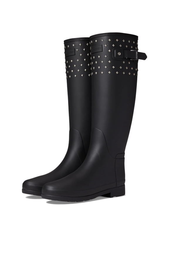Womens Refined Tall Stud Cuff Rain Boots, Black, Waterproof Rubber Boots, Size 7 M