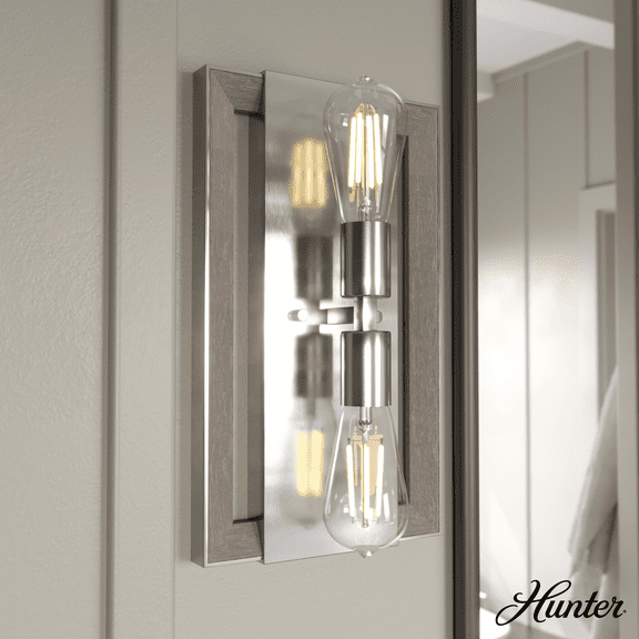 Hunter - Woodburn 2-light Brushed Nickel, Medium Size Sconce Light, Dimmable, Modern Style, Rectangle Shaped, for Bedrooms, Kitchens, Dining, Living Rooms - 19815