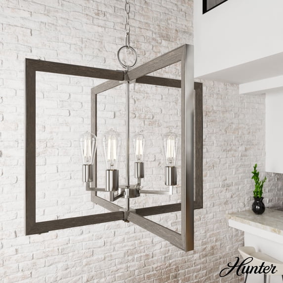 Hunter - Woodburn 4-light Brushed Nickel, Extra Large Pendant Light, Dimmable, Modern Style, Rectangle Shaped, for Bedrooms, Dining, Living Rooms - 19807