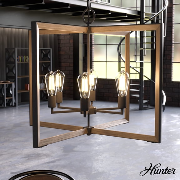 Hunter - Woodburn 6-light Noble Bronze, Extra Large Pendant Light, Dimmable, Modern Style, Rectangle Shaped, for Bedrooms, Dining, Living Rooms - 19810