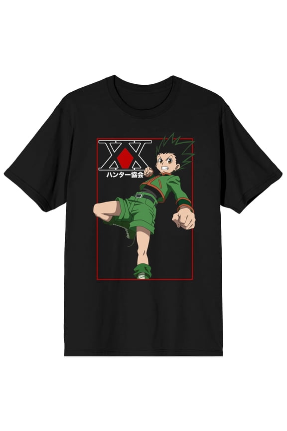 Hunter X Hunter Gon Freecss Punch And Kanji Logo Men's Black T-shirt-Large