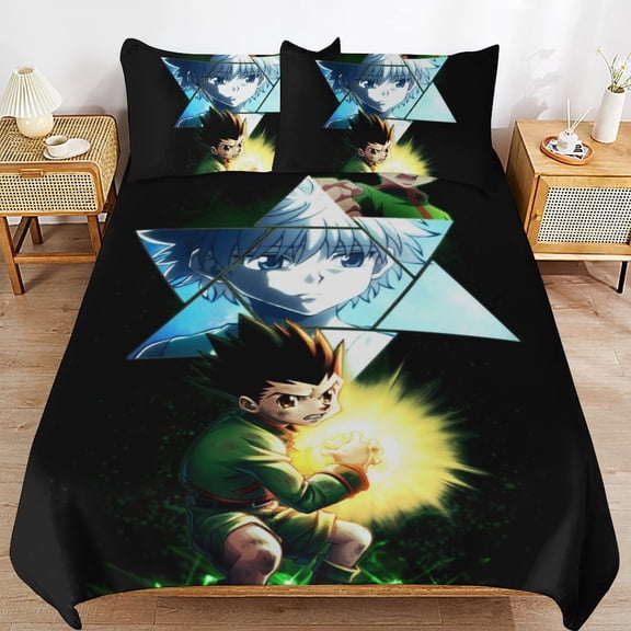 Hunter X Hunte Gon Killua 3 Piece Anime Comforter Bedding 1 Set Super Soft Quilt Cover with 2 Pillowcases Funny Merch Anime Gifts for Girls Boys Kids Adults 86"×70"