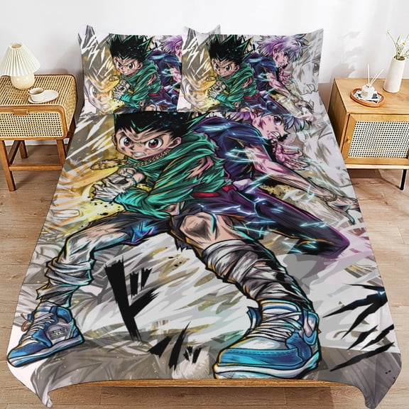 Hunter X Hunte Gon Killua 3 Piece Anime Comforter Bedding 1 Set Super Soft Quilt Cover with 2 Pillowcases Funny Merch Anime Gifts for Girls Boys Kids Adults 86"×70"