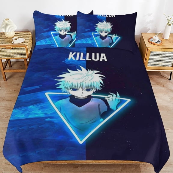 Hunter X Hunte Killua Lightning 3 Piece Anime Comforter Bedding 1 Set Super Soft Quilt Cover with 2 Pillowcases Funny Merch Anime Gifts for Girls Boys Kids Adults 86"×70"