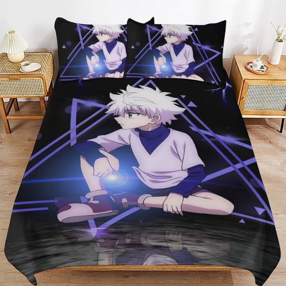 Hunter X Hunte Killua Lightning 3 Piece Anime Comforter Bedding 1 Set Super Soft Quilt Cover with 2 Pillowcases Funny Merch Anime Gifts for Girls Boys Kids Adults 86"×70"