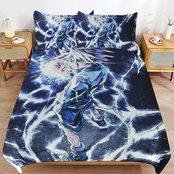 Hunter X Hunte Killua Lightning 3 Piece Anime Comforter Bedding 1 Set Super Soft Quilt Cover with 2 Pillowcases Funny Merch Anime Gifts for Girls Boys Kids Adults 86"×70"