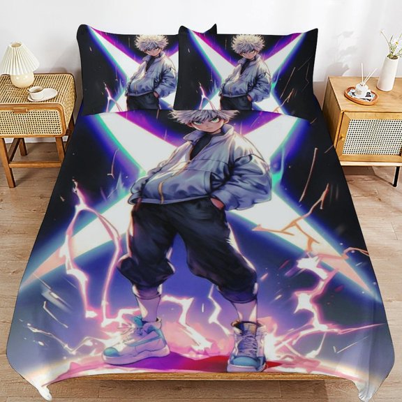Hunter X Hunte Killua Lightning 3 Piece Anime Comforter Bedding 1 Set Super Soft Quilt Cover with 2 Pillowcases Funny Merch Anime Gifts for Girls Boys Kids Adults 86"×70"