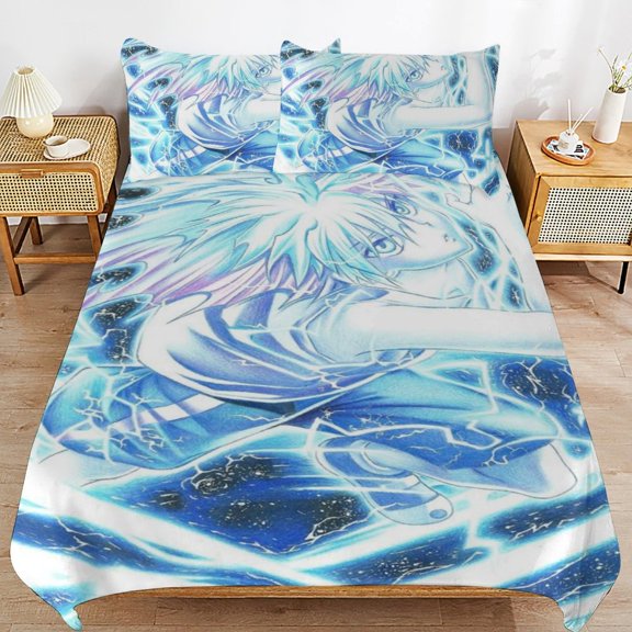 Hunter X Hunte Killua Lightning 3 Piece Anime Comforter Bedding 1 Set Super Soft Quilt Cover with 2 Pillowcases Funny Merch Anime Gifts for Girls Boys Kids Adults 86"×70"