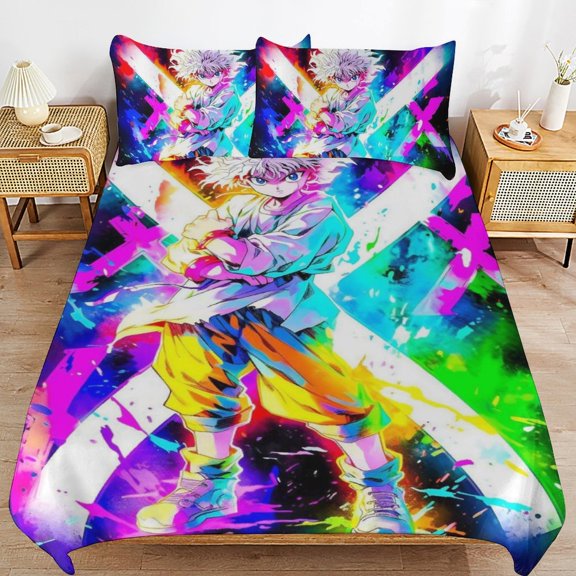 Hunter X Hunte Killua Lightning 3 Piece Anime Comforter Bedding 1 Set Super Soft Quilt Cover with 2 Pillowcases Funny Merch Anime Gifts for Girls Boys Kids Adults 86"×70"