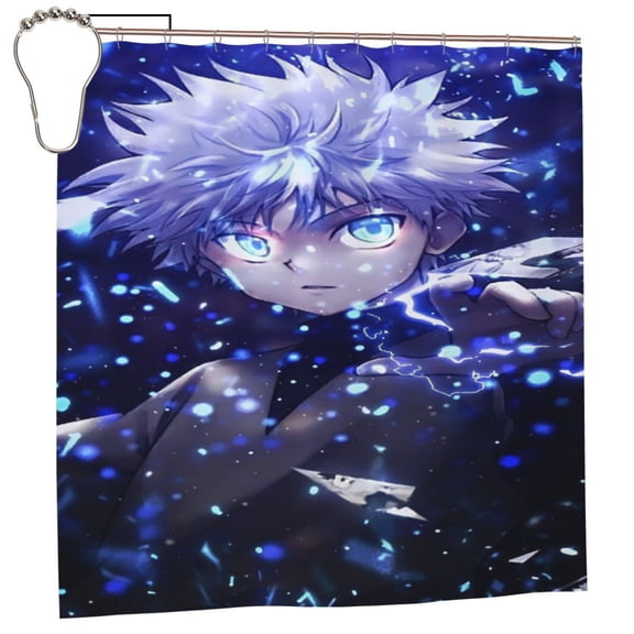 Hunter X Hunte Killua Lightning Shower Curtain Cartoon Decorative Bath Curtain Anime Shower Curtain 72inch Polyester Fabric Waterproof Bathroom Curtain with 12 Hooks