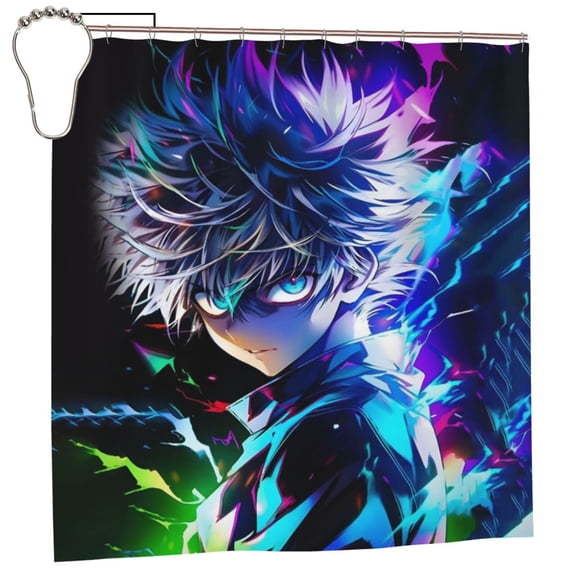 Hunter X Hunte Killua Lightning Shower Curtain Cartoon Decorative Bath Curtain Anime Shower Curtain 72inch Polyester Fabric Waterproof Bathroom Curtain with 12 Hooks