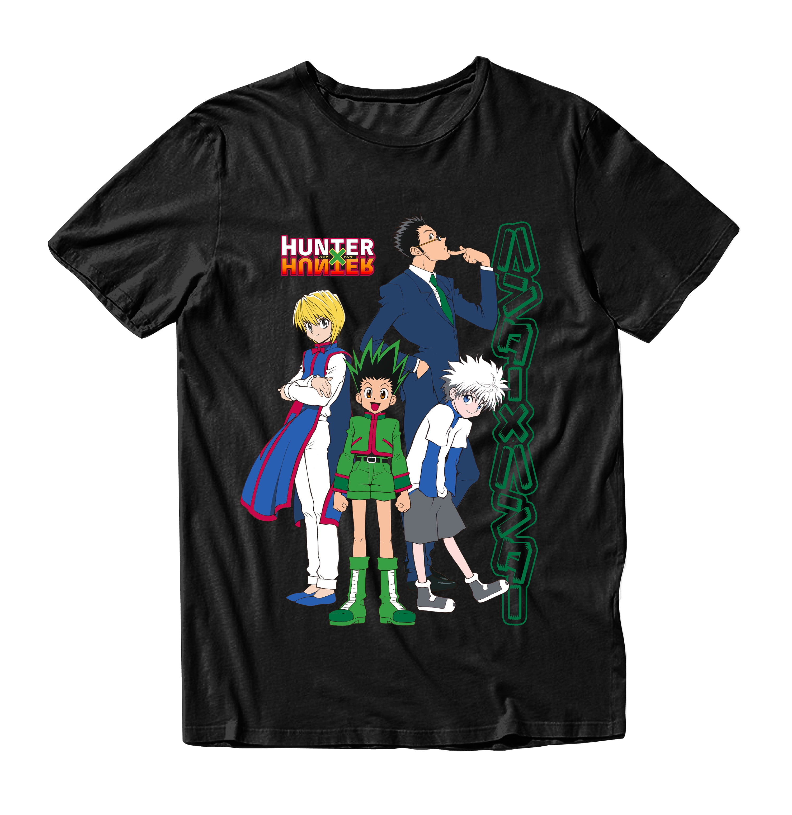 Hunter X Hunter in Kanji Characters with Gon, Killua, Kurapika and Leorio  Mens and Womens Short Sleeve T-Shirt (Black, S-XXL)