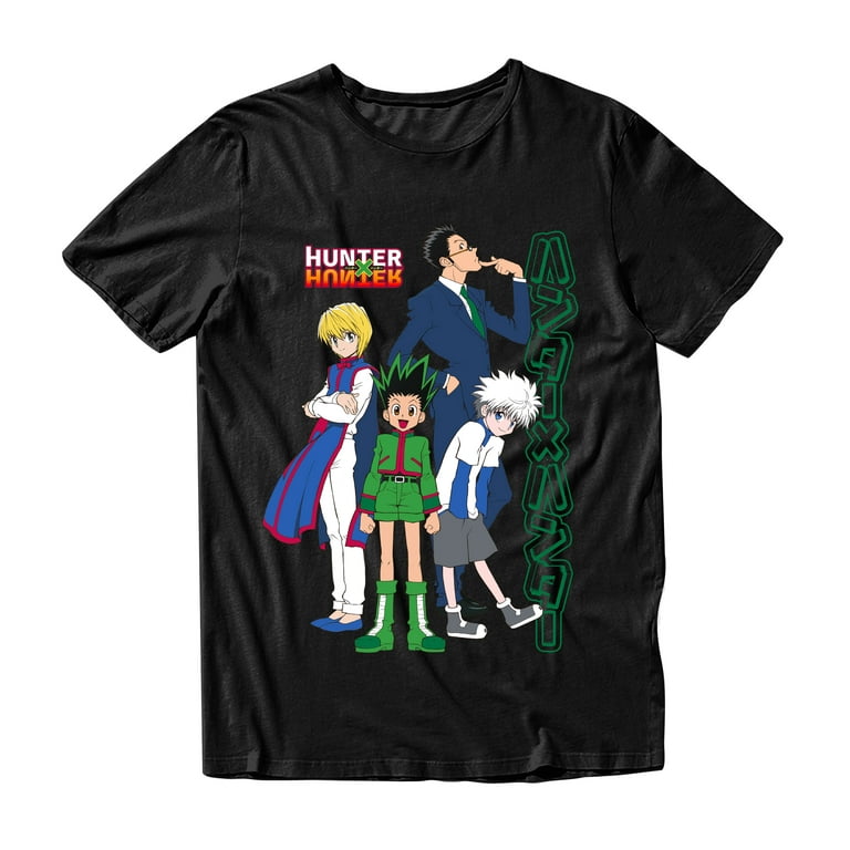 Hunter X Hunter in Kanji Characters with Gon, Killua, Kurapika and Leorio  Mens and Womens Short Sleeve T-Shirt (Black, S-XXL)