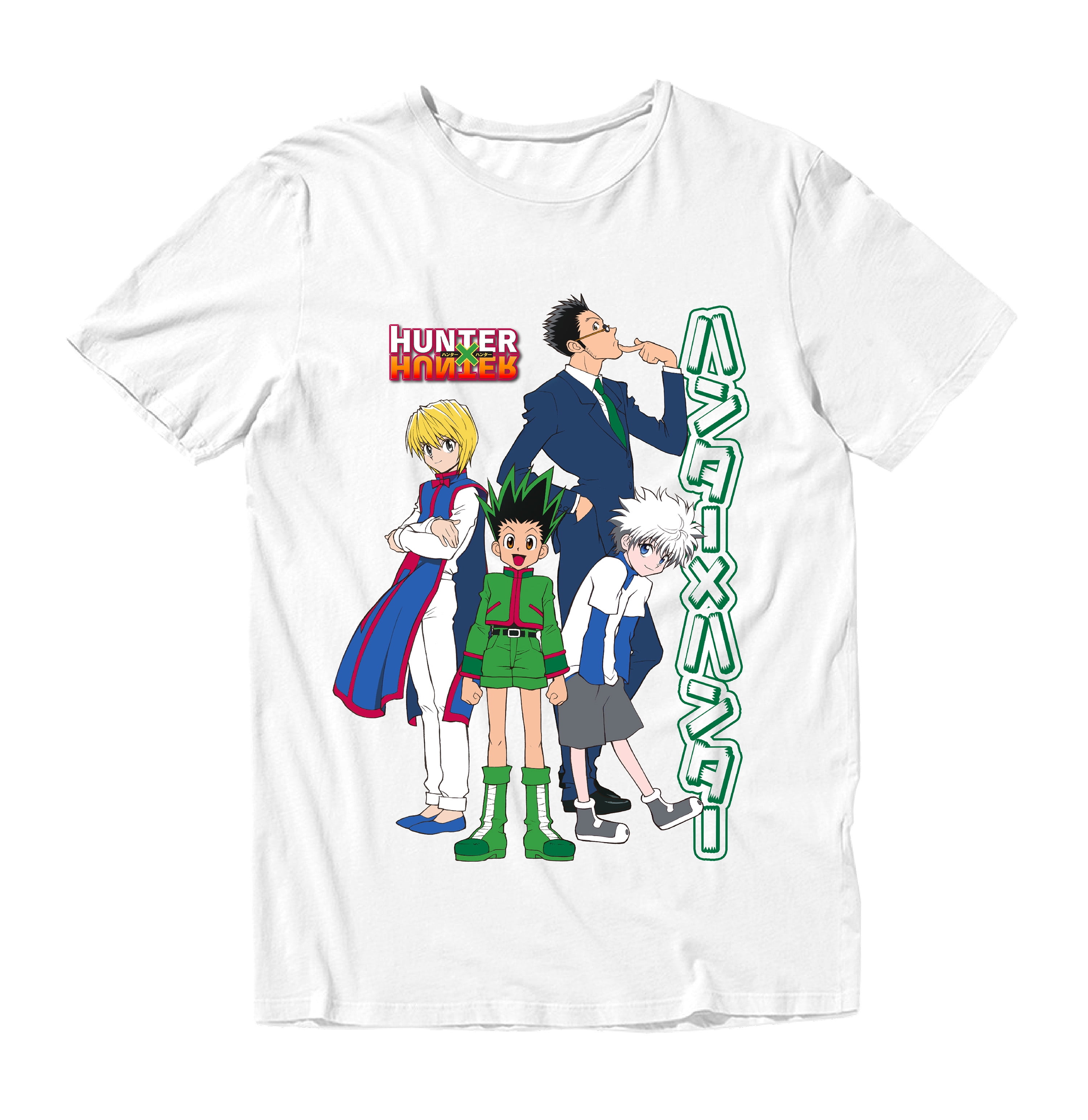 Hunter X Hunter in Kanji Characters with Gon, Killua, Kurapika and Leorio  Mens and Womens Short Sleeve T-Shirt (White, S-XXL) 