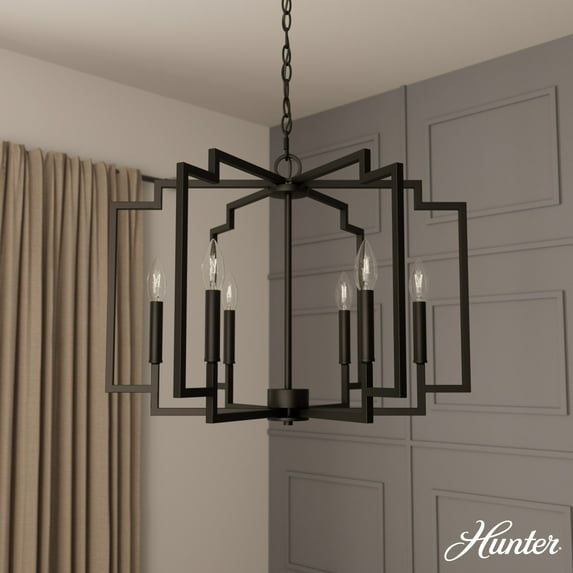 Hunter - Zoanne 6-light Matte Black, Large Chandelier, Dimmable, Modern Style, Geometric Shaped, for Bedrooms, Dining, Living Rooms - 45241