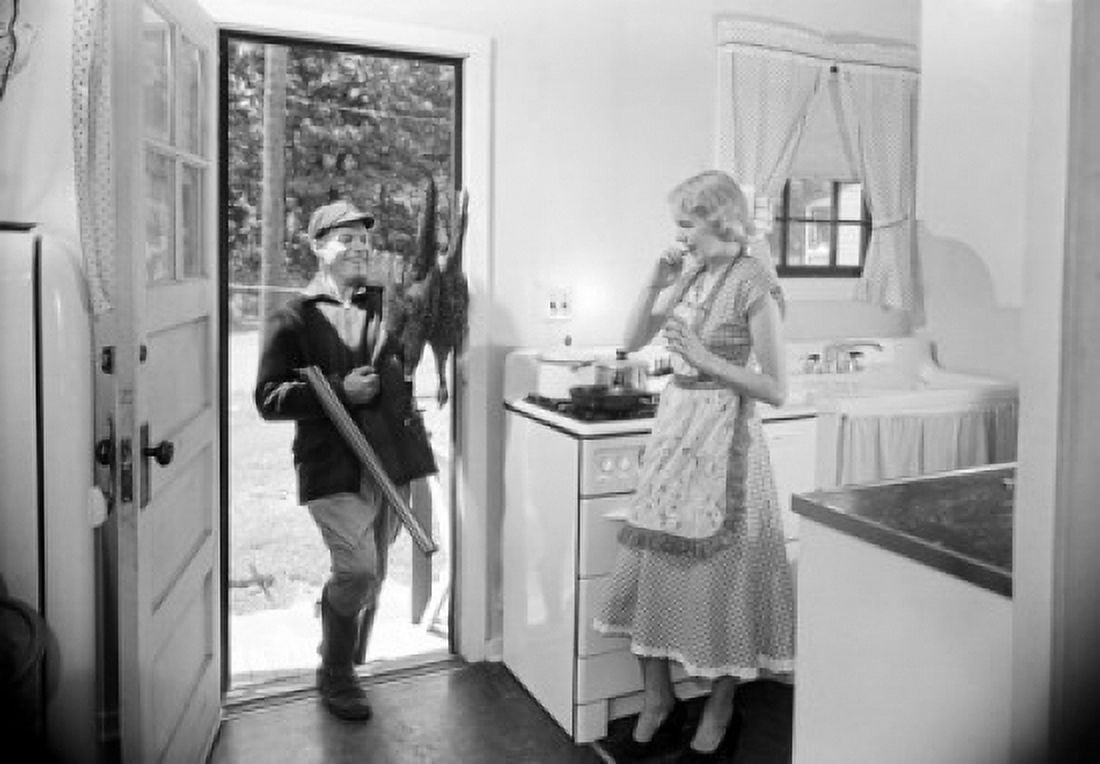 Hunter entering home to wife Canvas Art - (24 x 36)