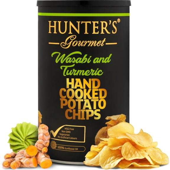 Hunter's Gourmet Hand-Cut Chips | No Trans Fat | Made with 100% Sunflower Oil | Wasabi & Turmeric Flavor | Gourmet Travel Snack | Halal | Vegetarian | Gluten-Free Chips | Pack of 1 | 150g