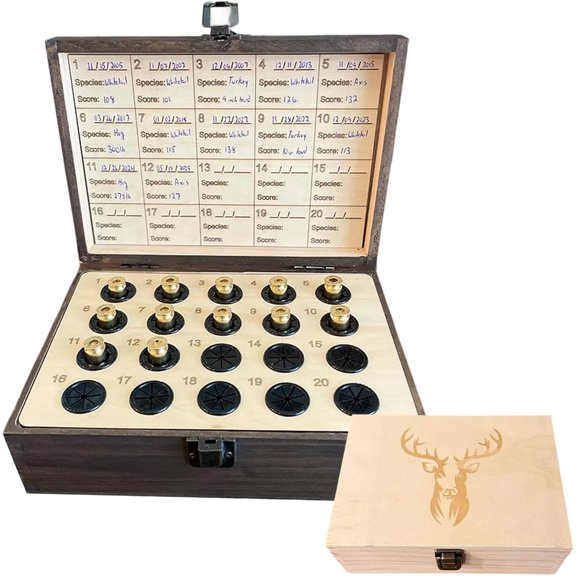 The Hunter’s Legacy Memory Box, Hunting Keepsake Wooden Box with Shell Slots, Notes Chart and Hidden Layer for Storing Tags, Photos, Deer Hunting Keepsakes