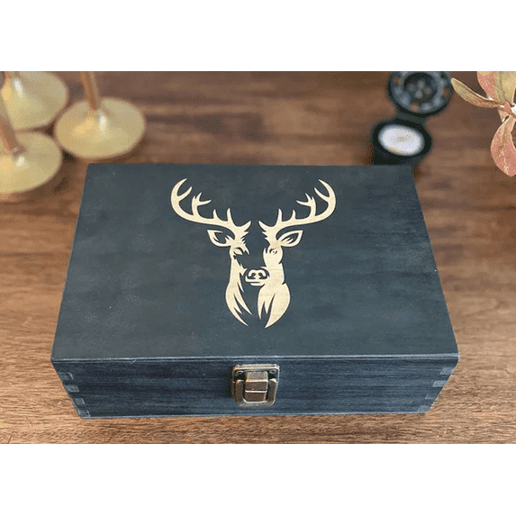 The Hunter's Legacy Memory Box - Vintage Stag Engraved Wooden Keepsake Box with 20 Shell Casing Slots, Integrated Hunting Log, Sequential Numbering System