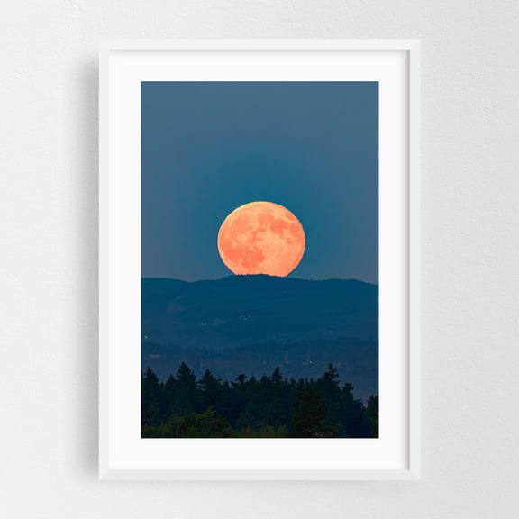 Hunter’s Moon Crests the East Hills - Photography Moon Night Sky Landscape Nature Scenic Forest Mystical White Framed Wall Art Print 5 x 7 inches