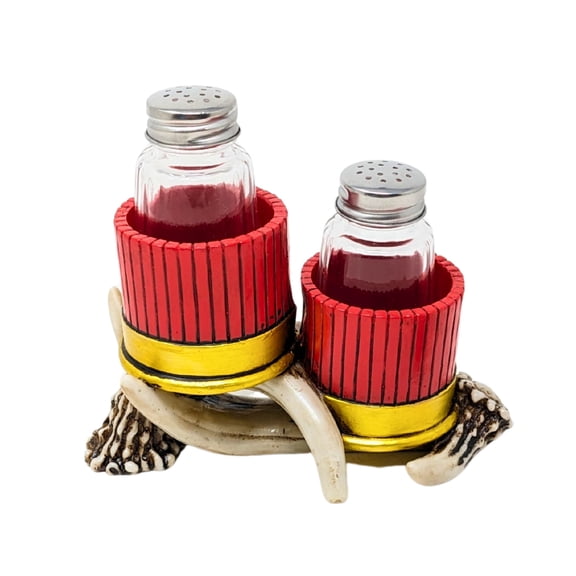 Hunter's Shot Salt & Pepper Holder Set – Western Rustic Cowboy Shotgun Shell Shakers, Glass Spice Bottles with Resin Antler Base, Kitchen Table Decor, Camping Cooking Seasoning Set