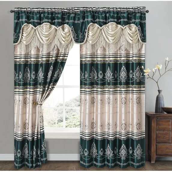 HunterLuxury Jacquard Farmhouse Rod Pocket Window Panel Attached Valance 2 Tie Backs Curtain Set (2 Panels)