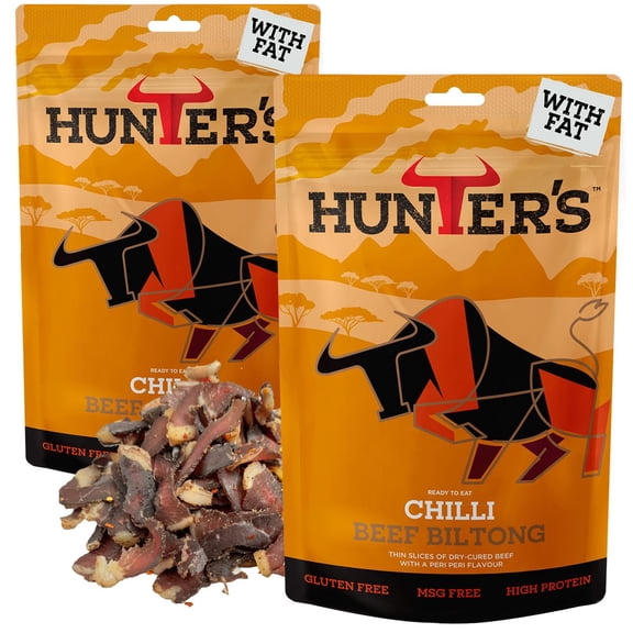 Hunters Biltong - 500g (2x250g) Fatty Chilli Beef Biltong - Authentic South African Biltong - High Protein Healthy Snack for Training - Low Sugar & Gluten Free, MSG Free - Suitable for Keto Diets