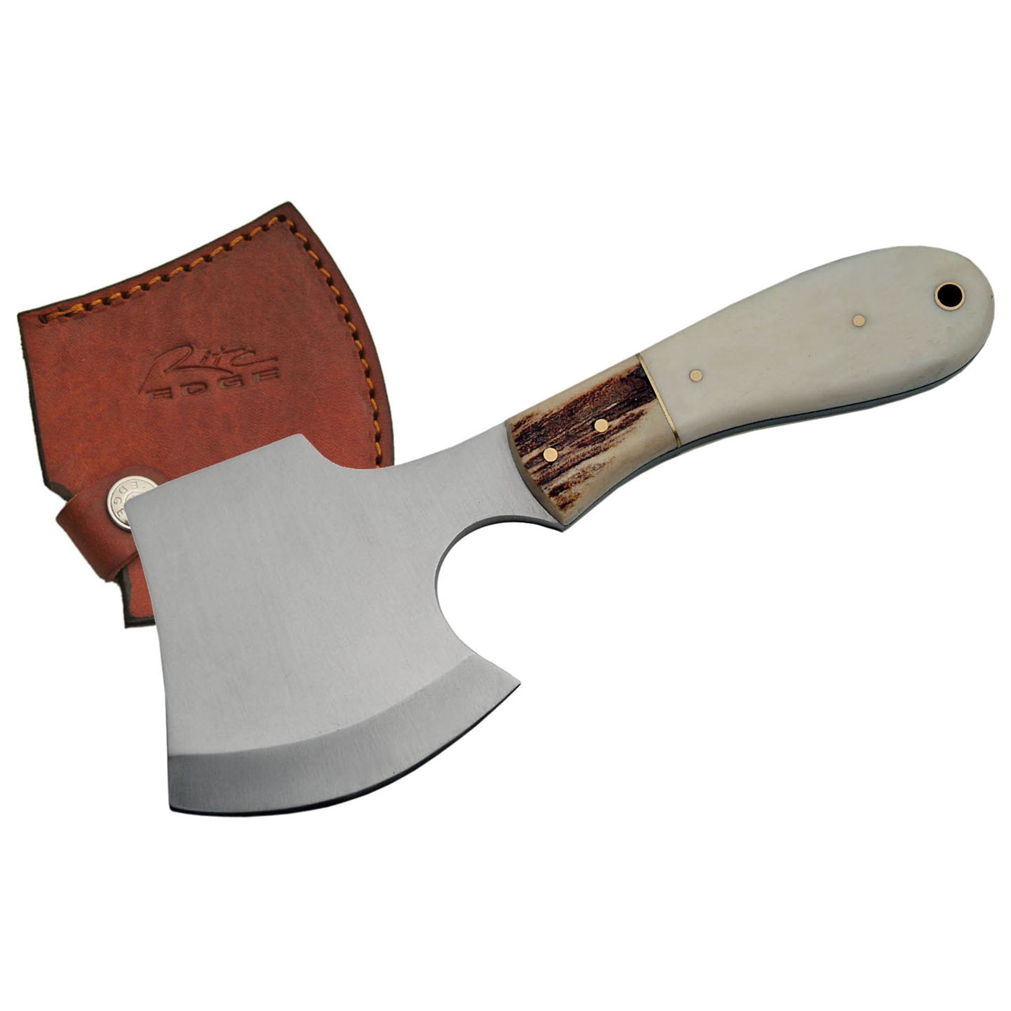 SZCO 8 Inch Bone and Stag Hatchet Full Tang Outdoor Camping Hatchet With Brass Pins Leather Sheath Compact Utility Axe Tool