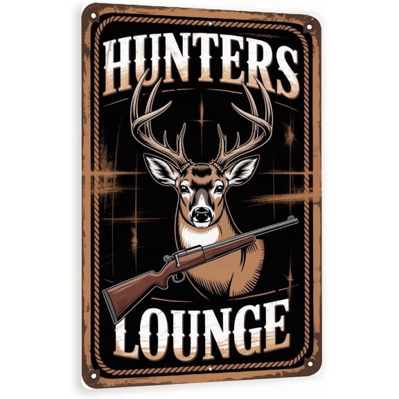Hunters Lounge Metal Sign Vintage Deer And Rifle Wall Art, Rustic Lodge And Cabin Decor With Distressed Brown Border 8x12
