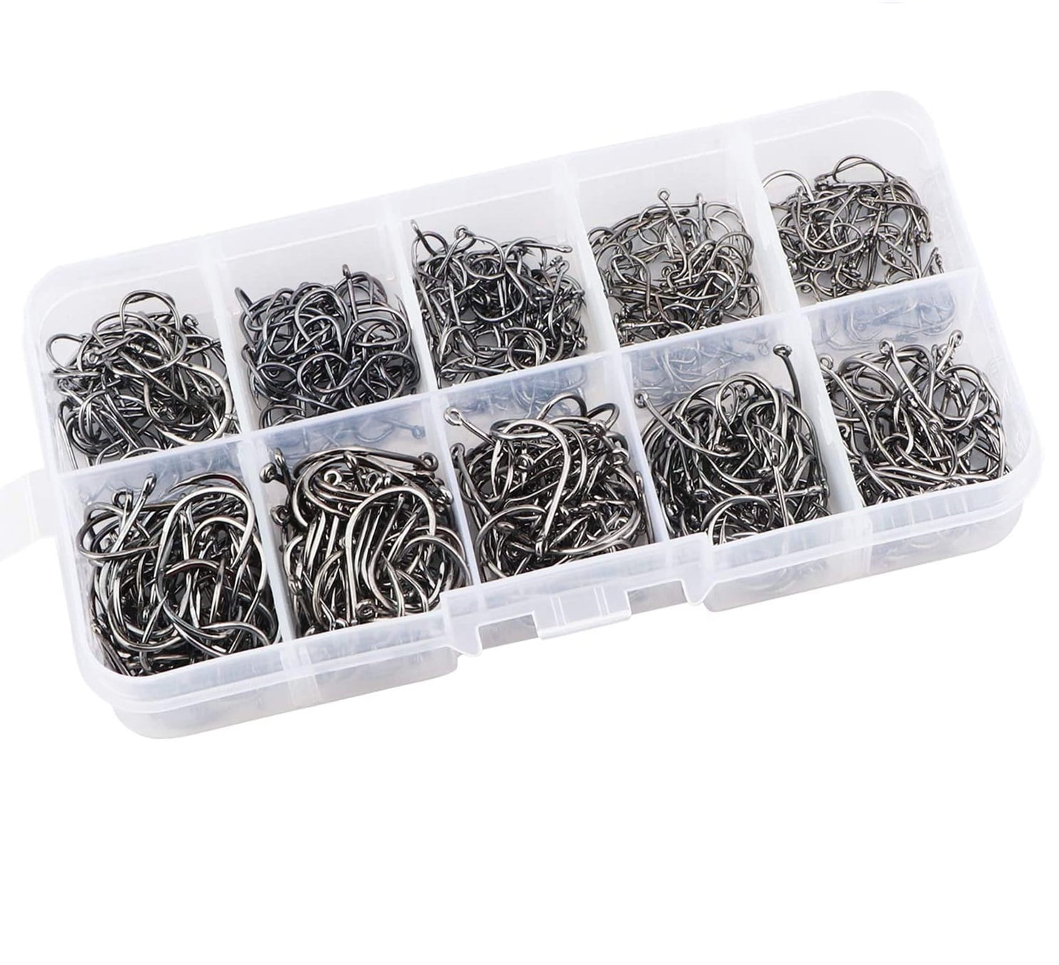 Hunthor 500PCS Premium Fishhooks, 10 Sizes Carbon Steel Fishing Hooks W/ Portable Plastic Box, Strong Sharp Fish Hook with Barbs for Freshwater/Seawater