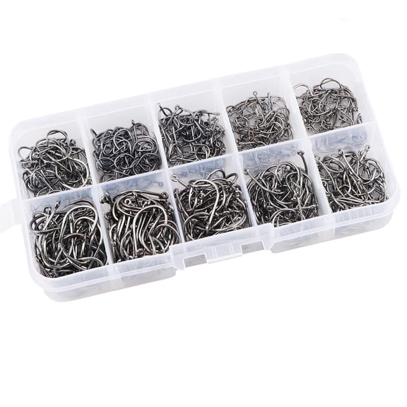 Hunthor 500PCS Premium Fishhooks, 10 Sizes Carbon Steel Fishing Hooks W/ Portable Plastic Box, Strong Sharp Fish Hook with Barbs for Freshwater/Seawater