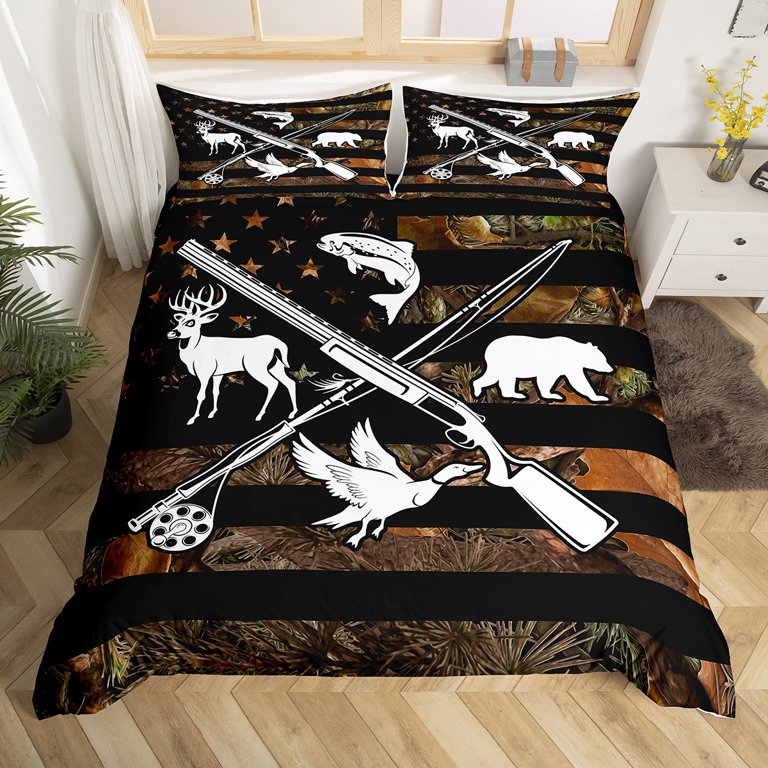 Hunting And Fishing Duvet Cover Wildlife Fish Duck Deer Bear Twin Bedding  Sets For Boys Men,Camo American Flag Comforter Cover Rustic Trees Leaves