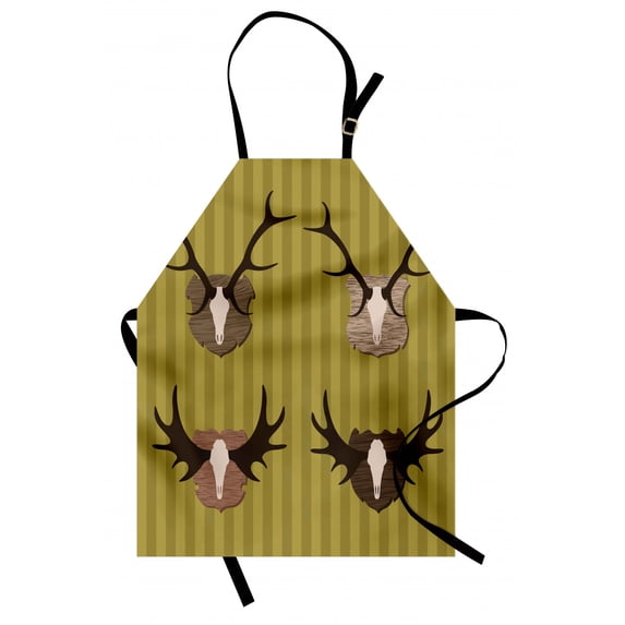 Hunting Apron Deer and Moose Horns Trophy on Striped Background Mountain Cottage Print, Unisex Kitchen Bib Apron with Adjustable Neck for Cooking Baking Gardening, Khaki Multicolor, by Ambesonne