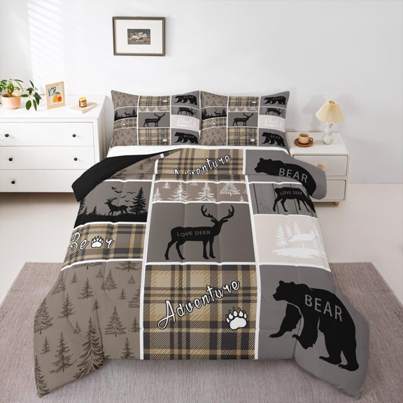 Hunting Bear Comforter Set For Boys, Rustic Cabin Lodge Bedding Queen Size, Vintage Farmhouse Patchwork Duvet Insert Woodland Animal Adventure Camping Down Comforter 3Pcs With 2 Pillow Cases, Brown