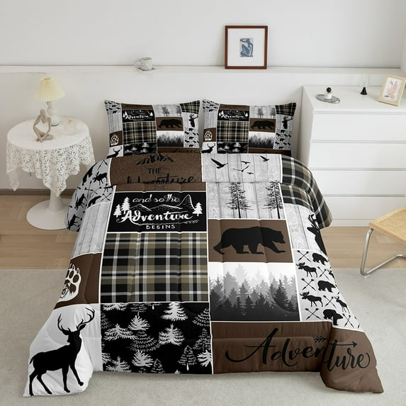 Hunting Bear Deer Bedding Comforter Sets, Rustic Cabin Patchwork Comforter Set King, Buffalo Plaid Quilt Farmhouse Cowboy Woodland Duvet Insert Teens Adult Women Bedroom, Brown Gray