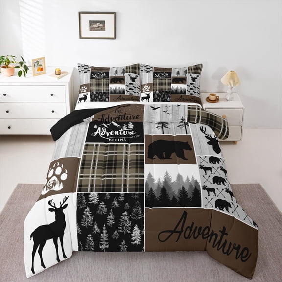 Hunting Bear Deer Bedding Comforter Sets, Rustic Cabin Patchwork Comforter Set Twin, Buffalo Plaid Quilt Farmhouse Cowboy Woodland Duvet Insert Teens Adult Women Bedroom, Brown Gray