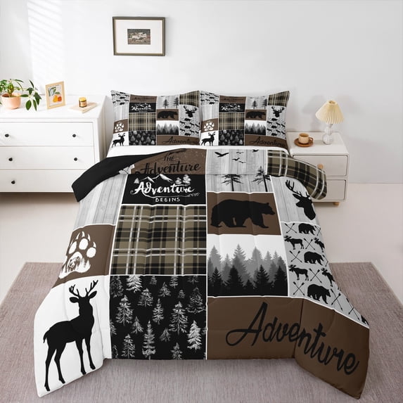 Hunting Bear Deer Bedding Comforter Sets, Rustic Cabin Patchwork Comforter Set Twin, Buffalo Plaid Quilt Farmhouse Cowboy Woodland Duvet Insert Teens Adult Women Bedroom, Brown Gray