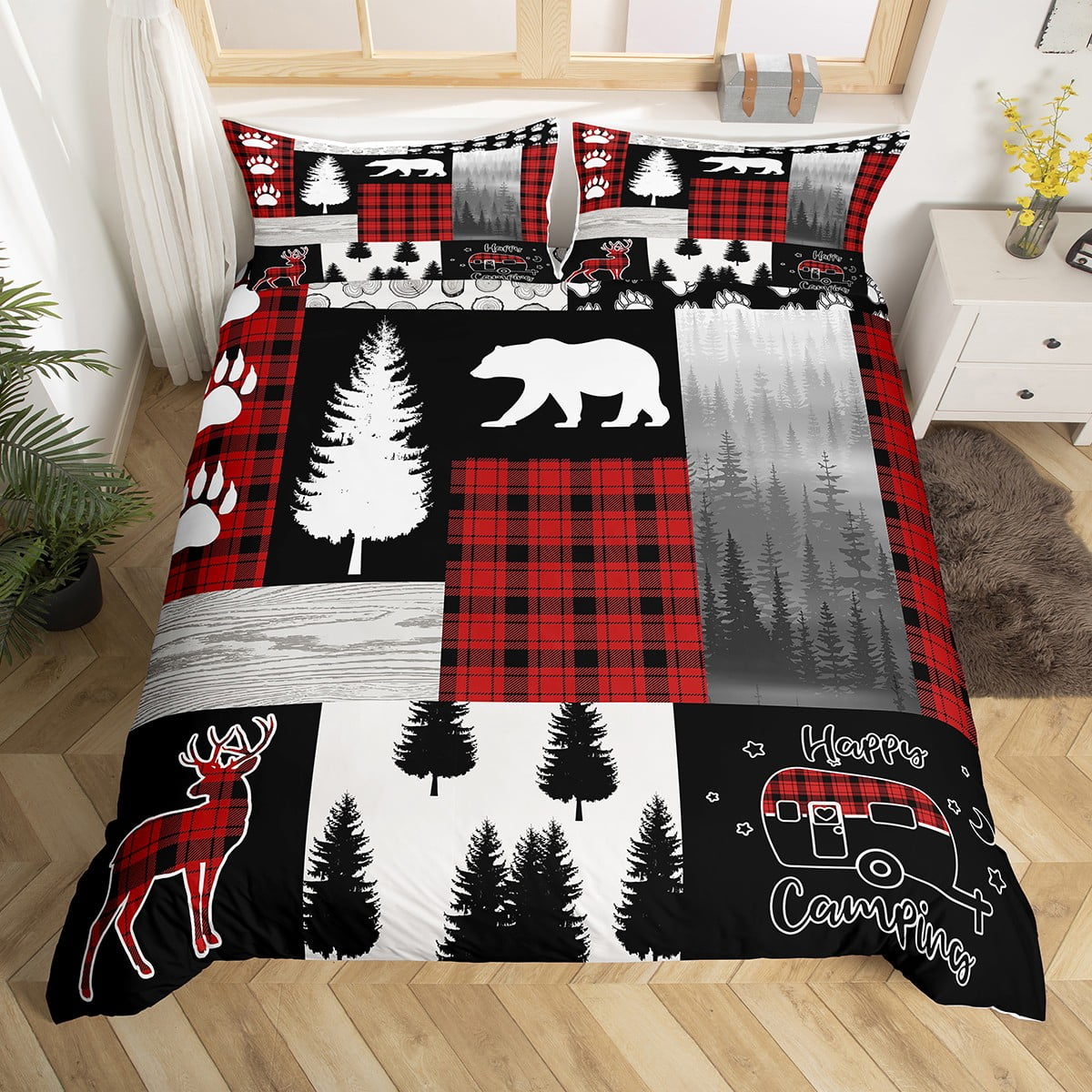 Hunting Bear Deer Bedding Set Patchwork Red Black Buffalo Plaid Duvet ...