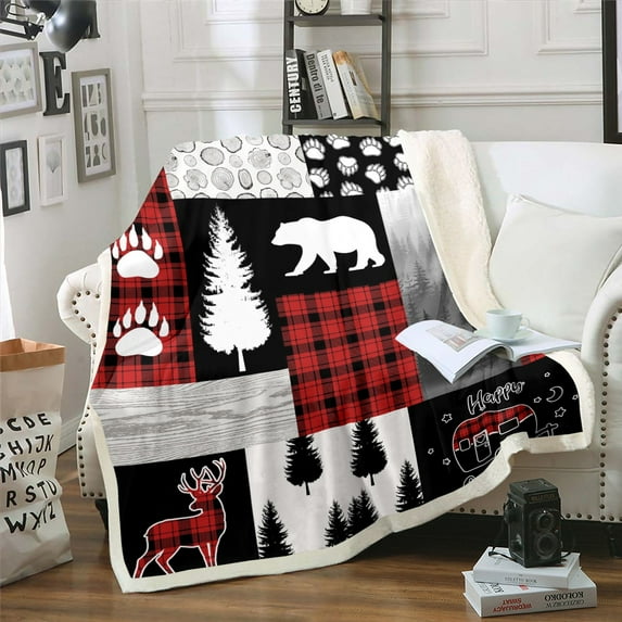 Hunting Bear Deer Blanket Red Black Buffalo Plaid Rustic Cabin Throw Blanket for RV Camper,Woodland Wildlife Patchwork Fleece Blanket,Cowboy Farmhouse Style Pine Tree Barn Door Fuzzy Blanket 60"x80"