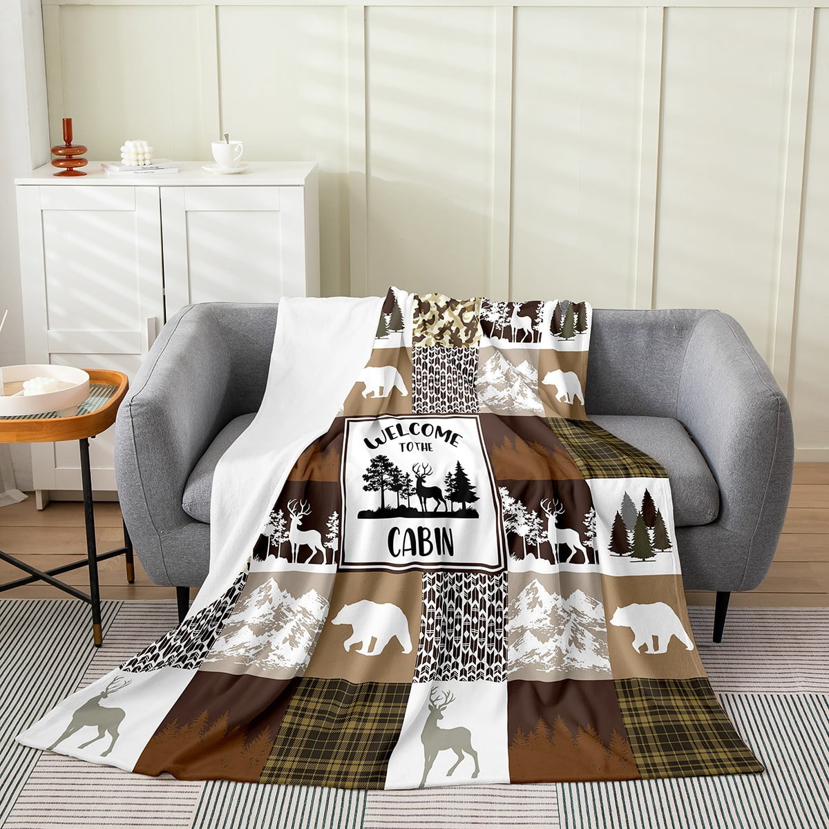 Hunting Bear Deer Flannel Fleece Blanket Queen Size, Camouflage Arrows