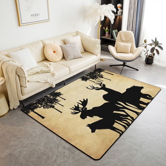 Hunting Bear Deer Living Room Rugs 5x7, Retro Rustic Cabin Area Rugs for Bedroom Dining Room, Farmhouse Moose Wildlife Adventure Carpet Runner Non Slip, Vintage Country Hunting Theme Indoor Floor Mat