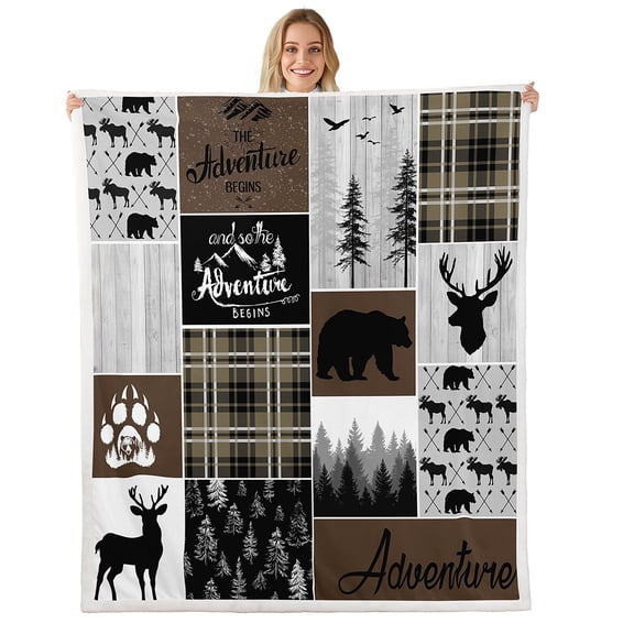 Hunting Bear Deer Throw Blanket, Rustic Cabin Patchwork Fleece Blanket Throw Size, Buffalo Plaid Sherpa Blanket Farmhouse Cowboy Woodland Fuzzy Blanket Teens Adult Bedroom, Brown Gray