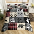 thumbnail image 1 of Hunting Bear Full Bedding Set, Rustic Deer Elk Comforter Cover Country Camper Lodge Duvet Cover Teens Adult Bedroom Decor, Geometric Patchwork Retro Cabin Quilt Cover, Black Gray Red, 1 of 5