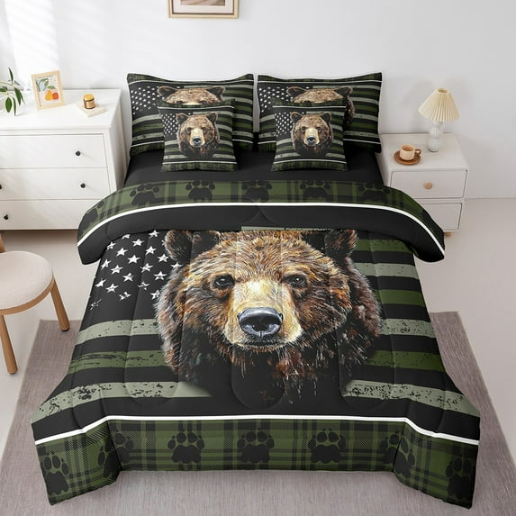 Hunting Bear Full Comforter Set With Sheets 7 Piece Black Army Green American Flag Wildlife Bedding Set Teen Men,Rustic Buffalo Plaid Bed In A Bag Farmhouse Animal Bed Set