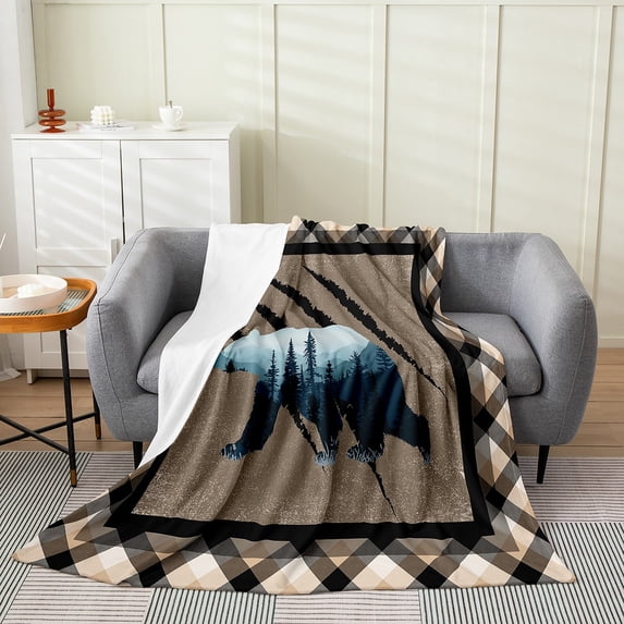Hunting Bear Throw Blanket,Safari Bear Blanket Throw 50x60,Jungle Animal Fuzzy Blanket,Woodland Wildlife Fleece Blanket For Home Room Decor,Brown Geometric Stripes Flannel Blanket For Travel,Soft