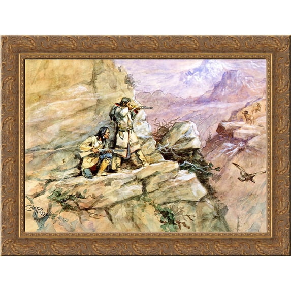 Hunting Big Horn Sheep 24x18 Gold Ornate Wood Framed Canvas Art by Charles M. Russell
