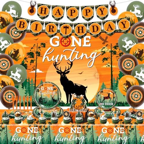 Hunting Birthday Party DecorationsDeer Hunting Birthday Party DecorationsHunting Party Supplies Set Includes Hunting Banner Backdrop Balloons Cake Cupcake Topper Plates Napkin Forks Tablecloths$$
