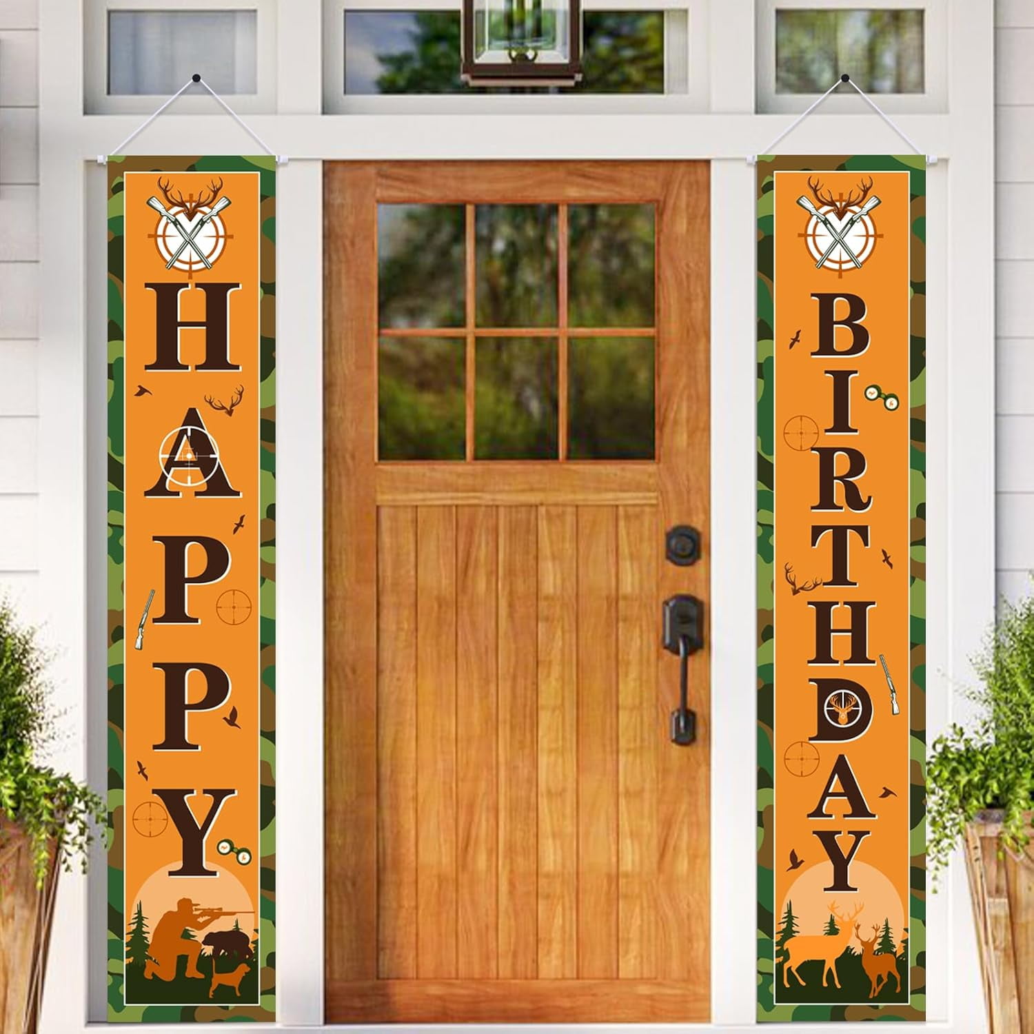 Hunting Birthday Porch Sign Banner Deer Hunting Camo Birthday Party Decorations Banner Happy Birthday Banner for Men Boy Hunting Theme Birthday Baby Shower Party Indoor Outdoor