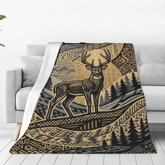 Hunting Blanket, Flannel Blanket with American Flag Deer Print, Warm Bed Couch Sofa Throw Blanket 50x40
